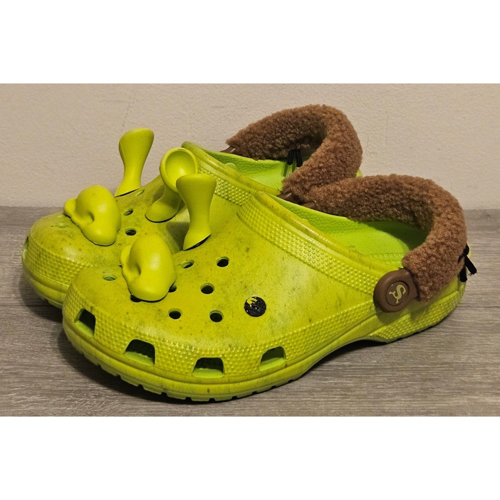 Crocs Classic Clogs Shrek Lime Green Speckled Fuzzy Strap Mens 7 Womens 9